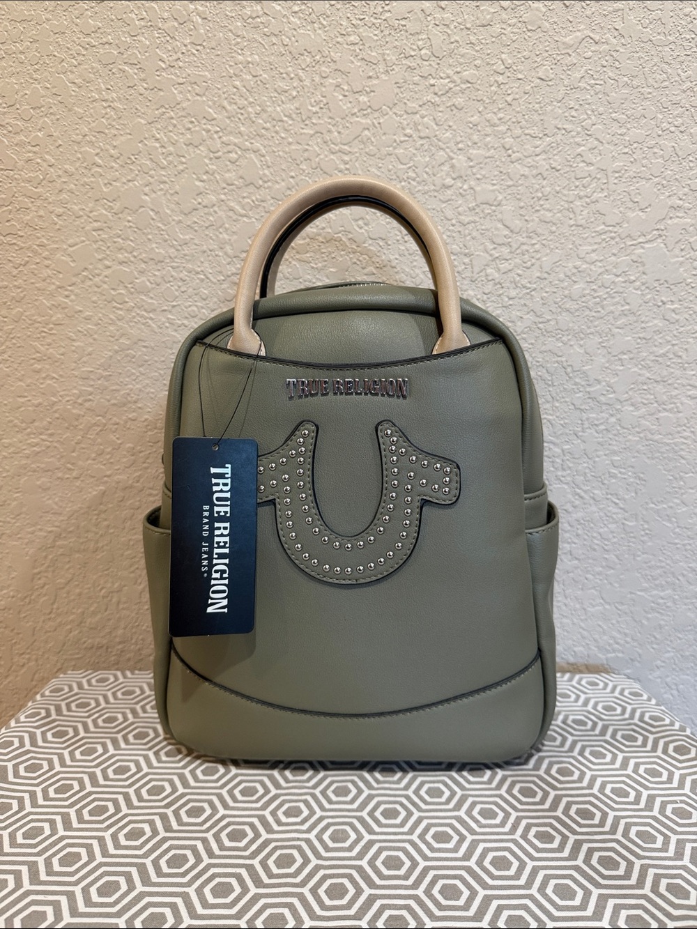 True Religion Olive Green Mini Backpack with Beige Top Handles